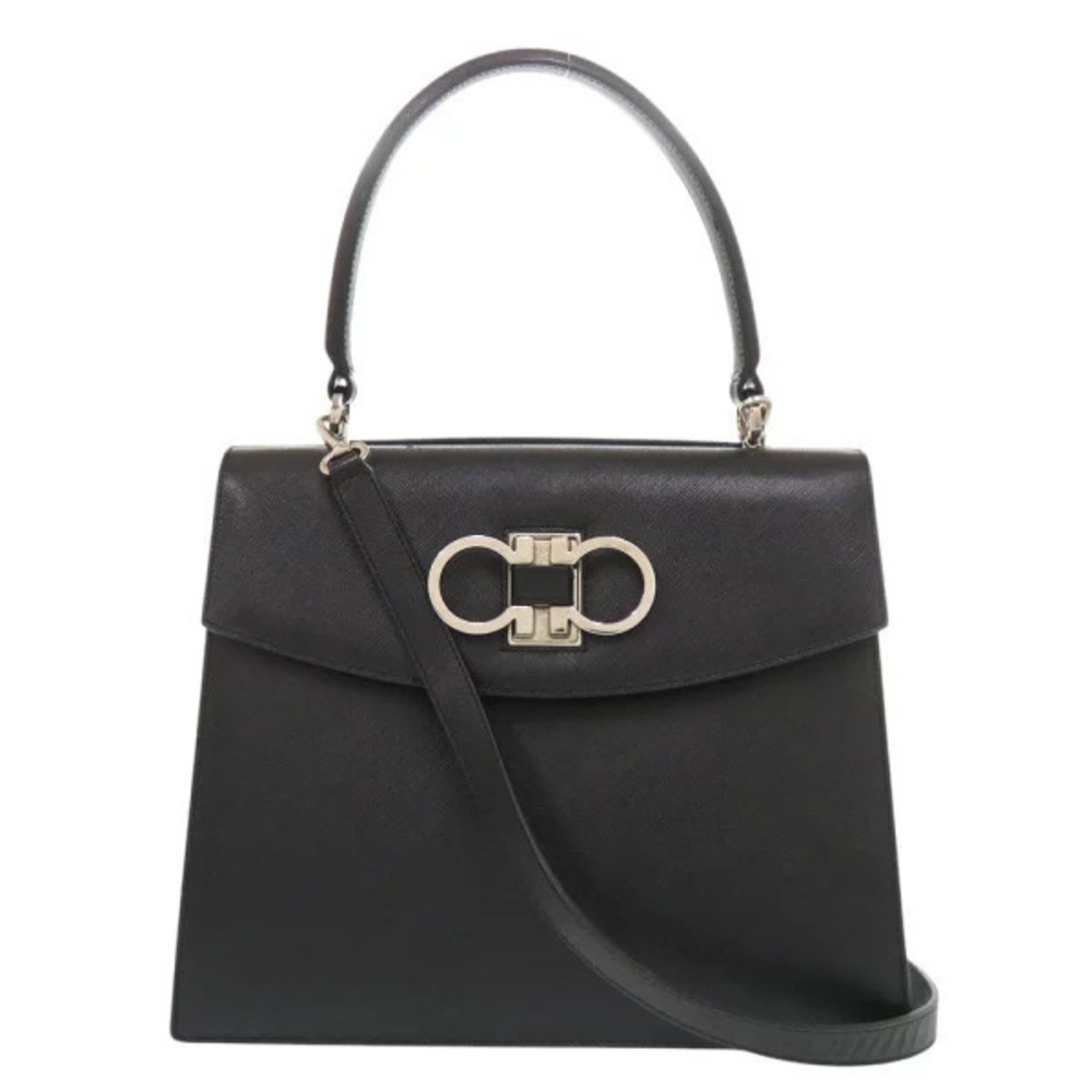 Salvatore Ferragamo Double Gancini Leather Black 2way Shoulder Bag